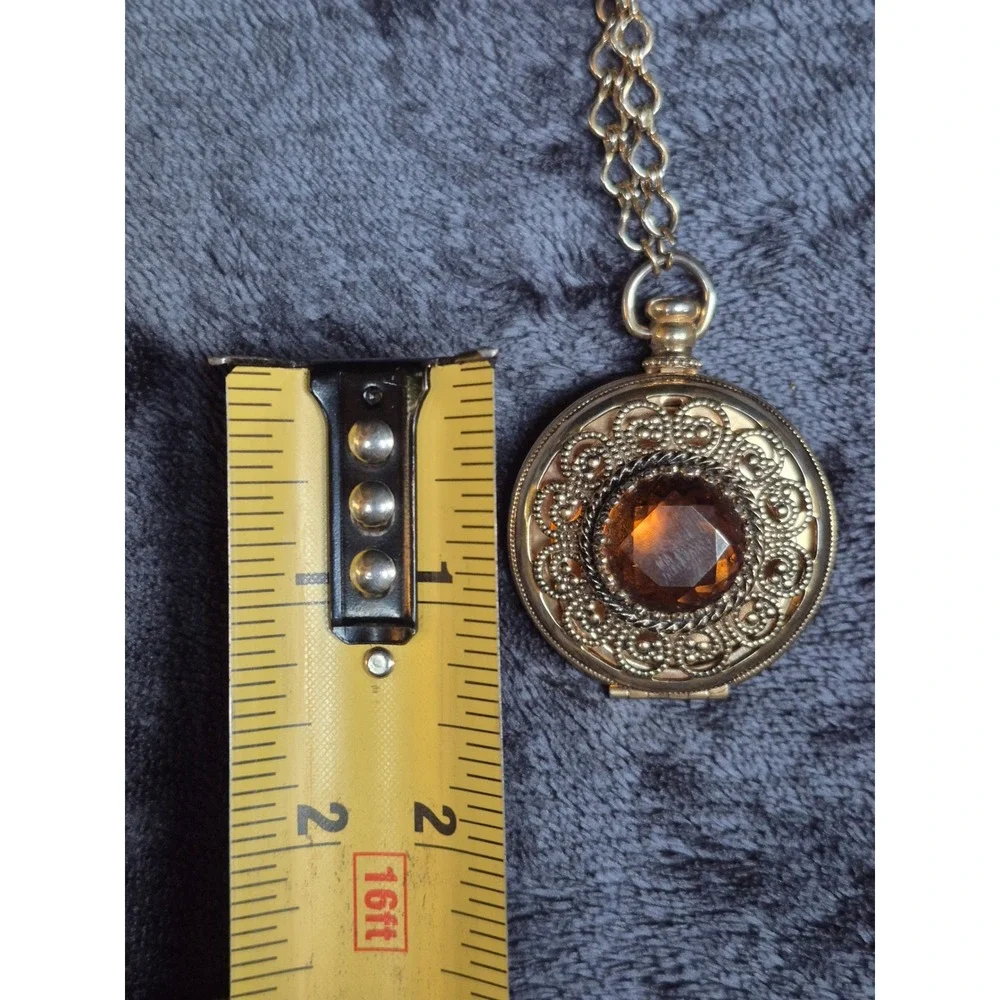 Vintage Long Avon Amber Glass Filigree Locket Necklace Gold Tone Victorian Style